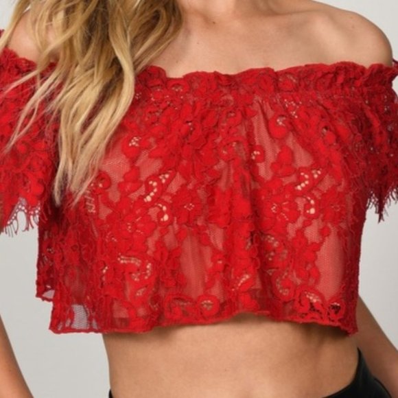 Tobi Red Lace Crop Top - Picture 3 of 8